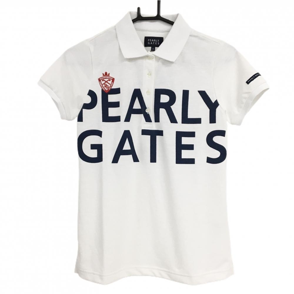 【新品】パーリーゲイツ 半袖ポロシャツ 白×ネイビー ビックロゴプリント 胸元刺しゅう  レディース 0(S) ゴルフウェア PEARLY GATES