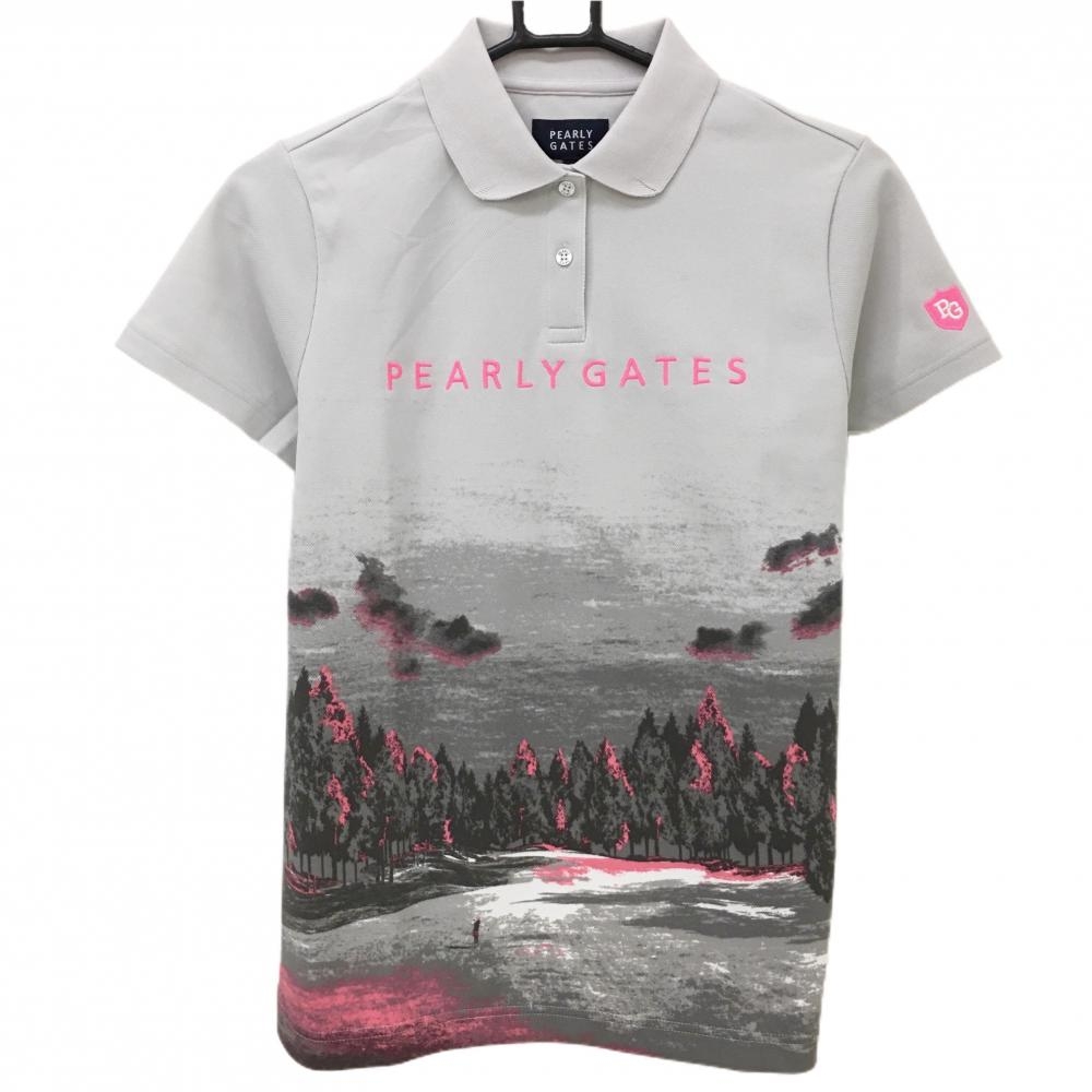 【新品】パーリーゲイツ 半袖ポロシャツ グレー×ピンク 絵 丸襟 ロゴ刺しゅう レディース 0(S) ゴルフウェア PEARLY GATES