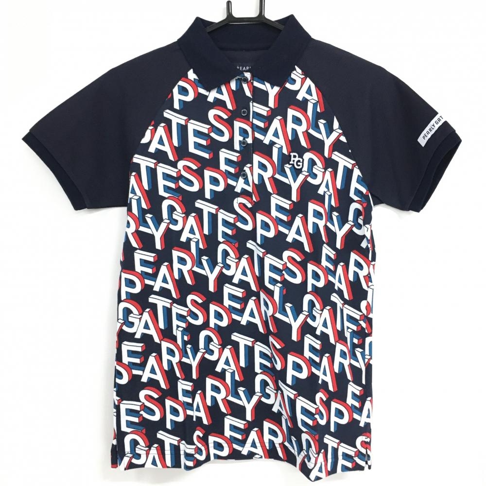 【新品】パーリーゲイツ 半袖ポロシャツ ダークネイビー×白 身頃ロゴ総柄  レディース 1(M) ゴルフウェア PEARLY GATES
