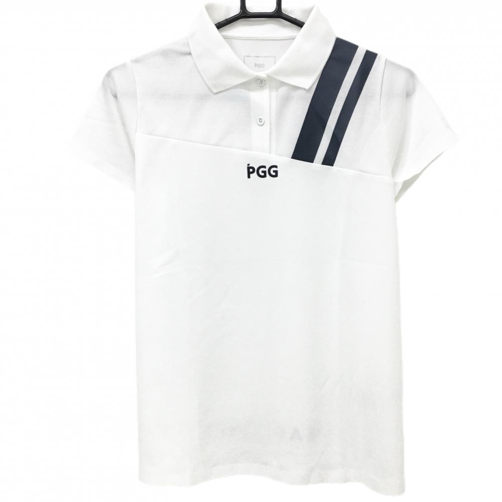 【新品】PGGパーリーゲイツ 半袖ポロシャツ 白×ネイビー 総柄 肩ライン  レディース 0(S) ゴルフウェア PEARLY GATES