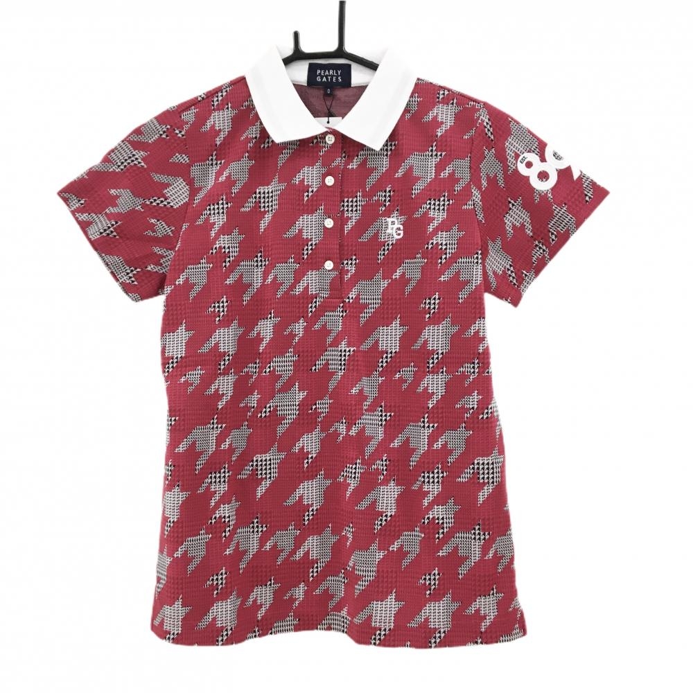 【新品】パーリーゲイツ 半袖ポロシャツ 白×ピンク 千鳥柄 襟裏ライン ロゴ刺しゅう レディース 1(M) ゴルフウェア PEARLY GATES