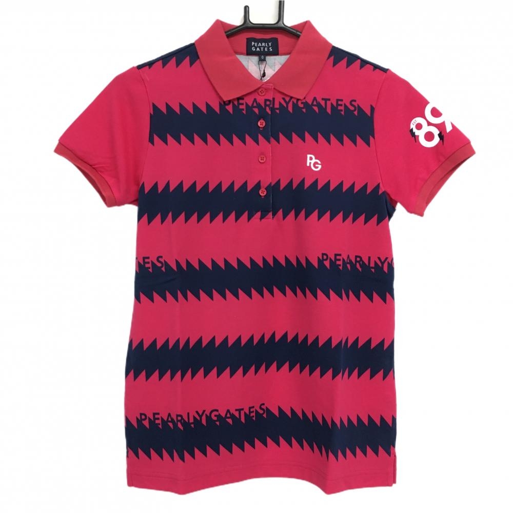 【新品】パーリーゲイツ 半袖ポロシャツ レッドピンク×ネイビー ギザギザボーダー レディース 0(S) ゴルフウェア PEARLY GATES