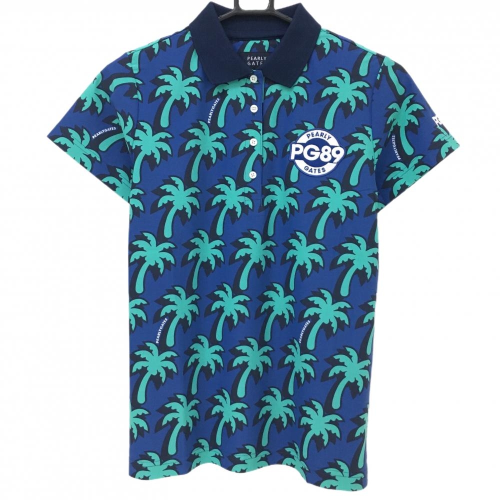 【新品】パーリーゲイツ 半袖ポロシャツ ネイビー×エメラルドグリーン ヤシの木柄  レディース 0(S) ゴルフウェア PEARLY GATES