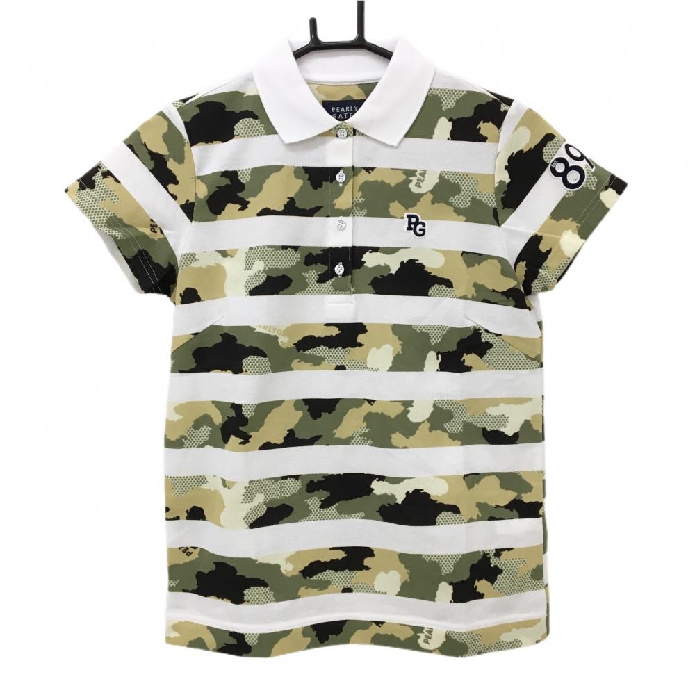 【新品】パーリーゲイツ 半袖ポロシャツ 白×カーキ系 ボーダー 迷彩 カモフラ ロゴ刺しゅう レディース 0(S) ゴルフウェア PEARLY GATES