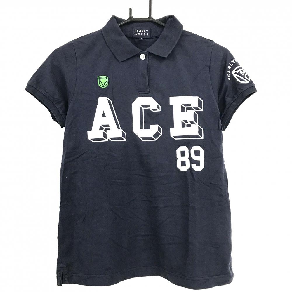 パーリーゲイツ 半袖ポロシャツ ネイビー×白 フロントロゴプリント レディース 0(S) ゴルフウェア PEARLY GATES