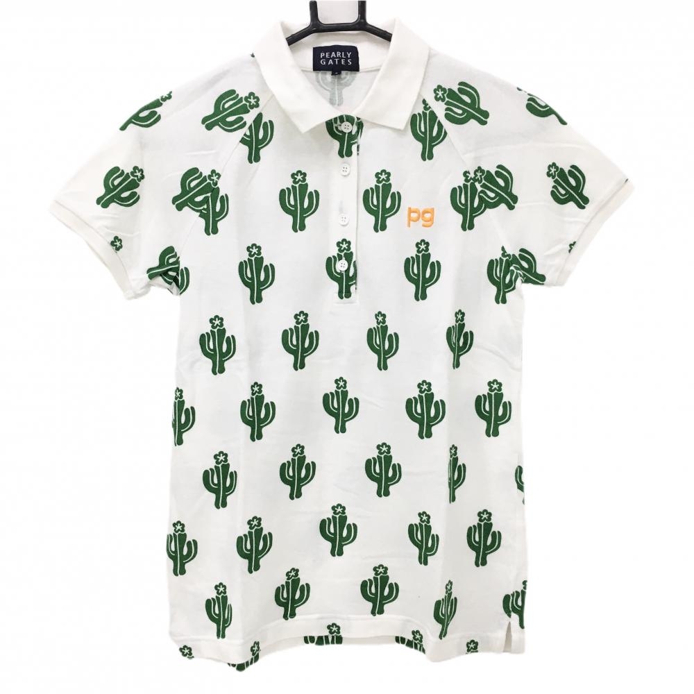 【美品】パーリーゲイツ 半袖ポロシャツ 白×グリーン 総柄 サボテン  レディース 0(S) ゴルフウェア PEARLY GATES