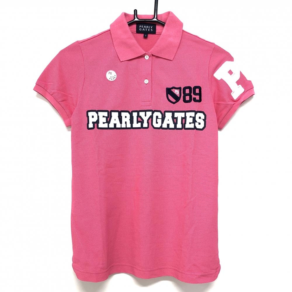 【美品】パーリーゲイツ 半袖ポロシャツ ピンク×ネイビー×白 フロントロゴプリント レディース 0(S) ゴルフウェア PEARLY GATES