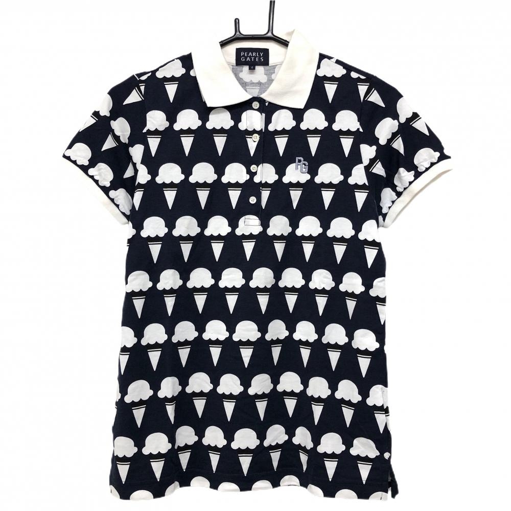 パーリーゲイツ 半袖ポロシャツ ネイビー×白 総柄 アイス  レディース 0(S) ゴルフウェア PEARLY GATES