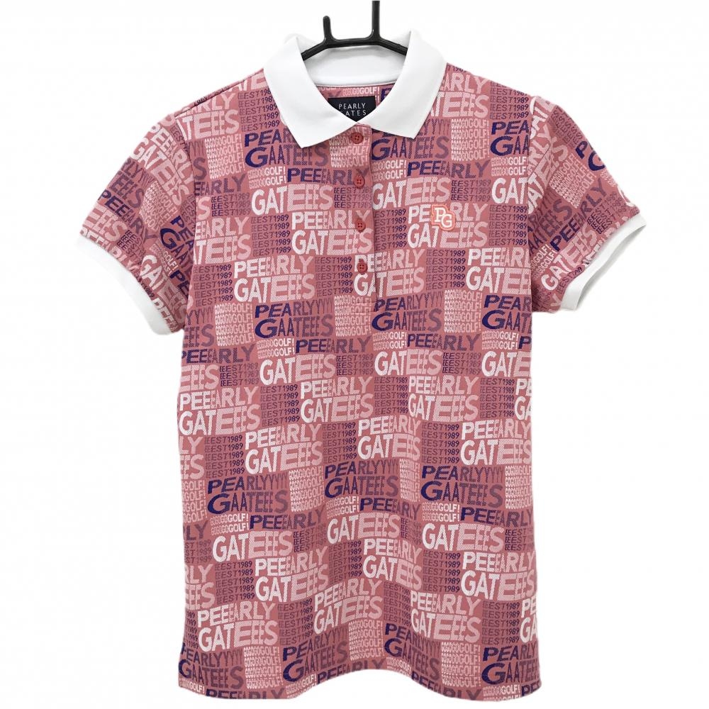 【超美品】パーリーゲイツ 半袖ポロシャツ ピンク×白 ロゴ総柄 レディース 1(M) ゴルフウェア PEARLY GATES