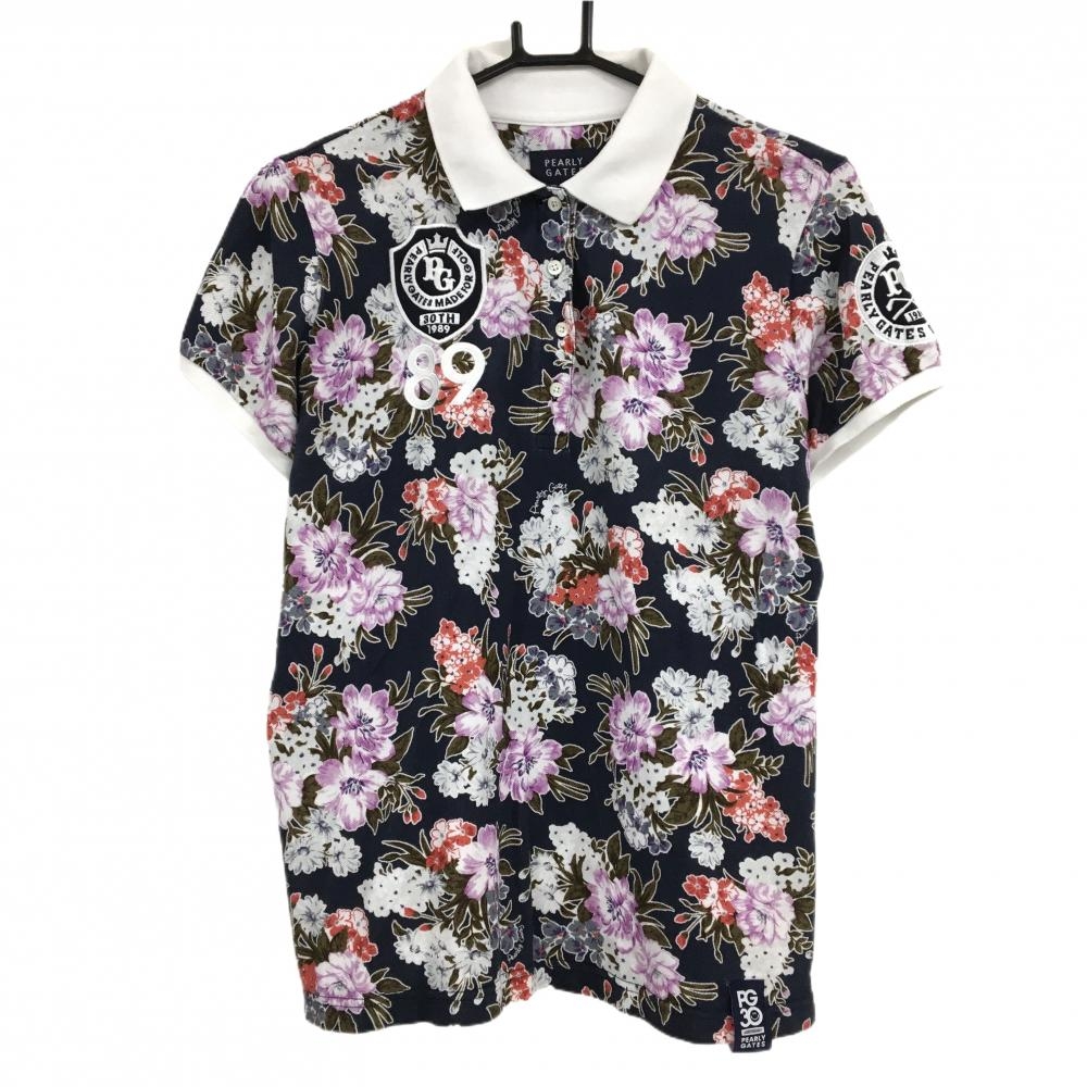 【美品】パーリーゲイツ 半袖ポロシャツ ネイビー×白 花柄 30周年  レディース 2(L) ゴルフウェア PEARLY GATES
