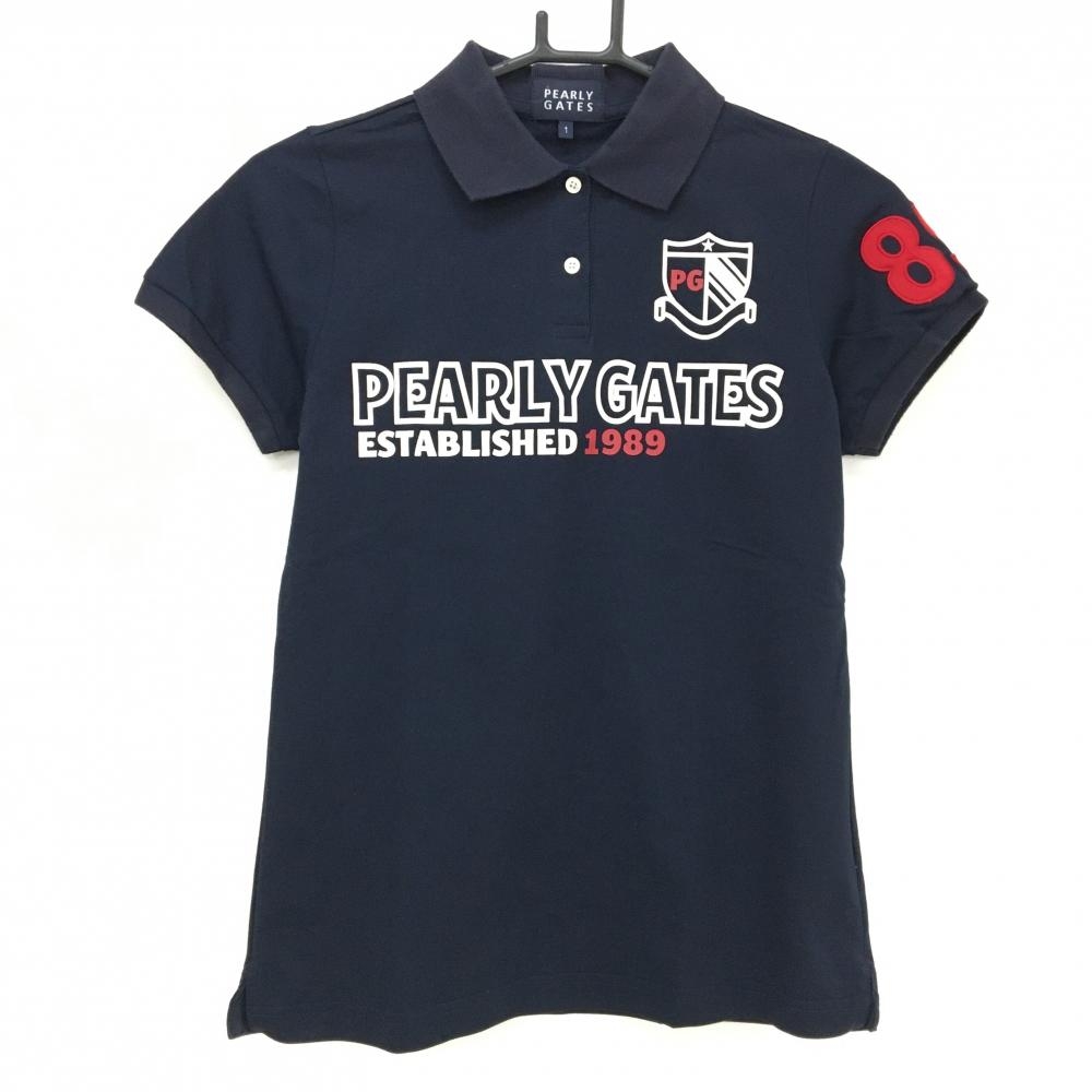 パーリーゲイツ 半袖ポロシャツ ネイビー フロントロゴ レディース 1(M) ゴルフウェア PEARLY GATES