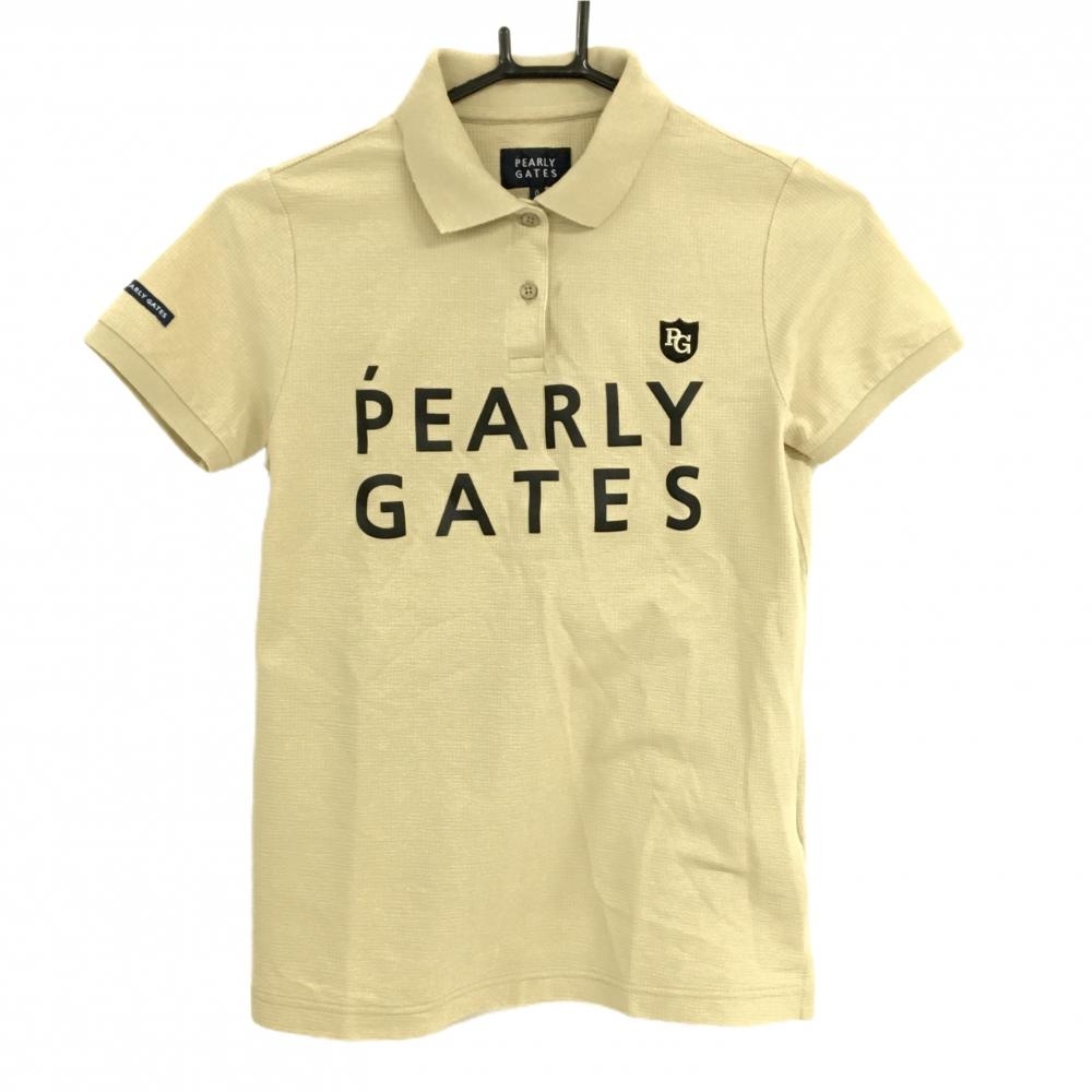 【美品】パーリーゲイツ 半袖ポロシャツ ベージュ×黒 フロントロゴ レディース 0(S) ゴルフウェア PEARLY GATES