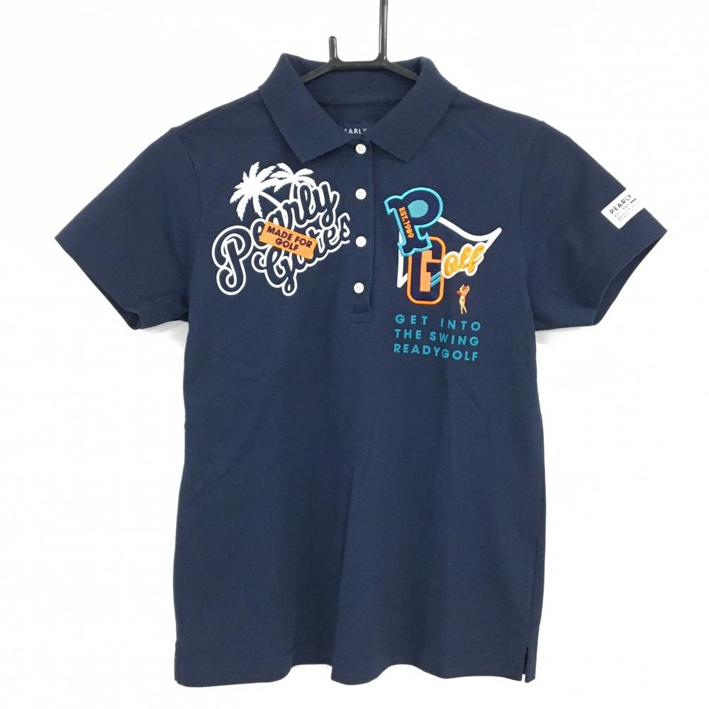 【美品】パーリーゲイツ 半袖ポロシャツ ネイビー×白 ヤシの木 女性 レディース 0(S) ゴルフウェア PEARLY GATES