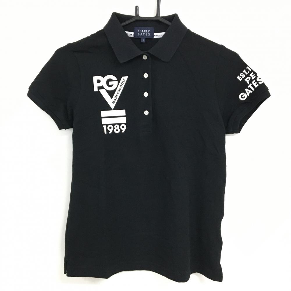 パーリーゲイツ 半袖ポロシャツ 黒×白 フロッキーワッペン レディース 0(S) ゴルフウェア PEARLY GATES