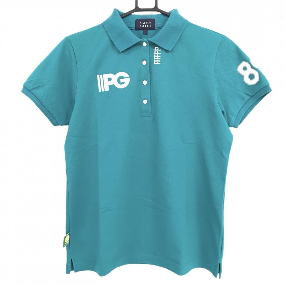 パーリーゲイツ 半袖ポロシャツ グリーン×白 背面ロゴ ニコちゃん スマイル レディース 1(M) ゴルフウェア PEARLY GATES