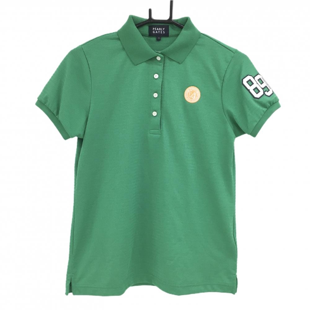 【超美品】パーリーゲイツ 半袖ポロシャツ グリーン 地模様 袖シリコンロゴ レディース 1(M) ゴルフウェア 2024年モデル PEARLY GATES