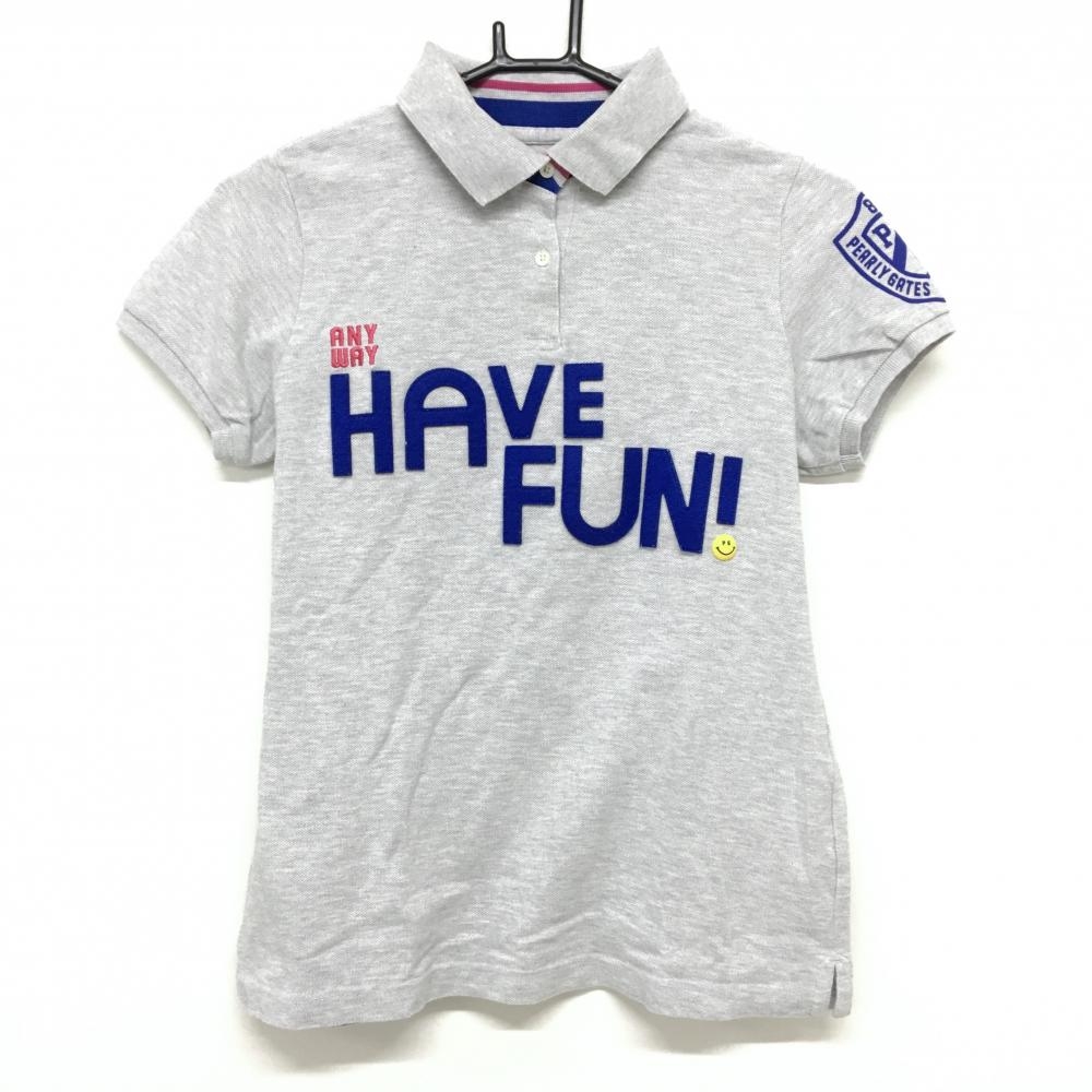 【美品】パーリーゲイツ 半袖ポロシャツ グレー×ブルー 袖ロゴプリント ニコちゃん スマイル レディース 0(S) ゴルフウェア PEARLY GATES
