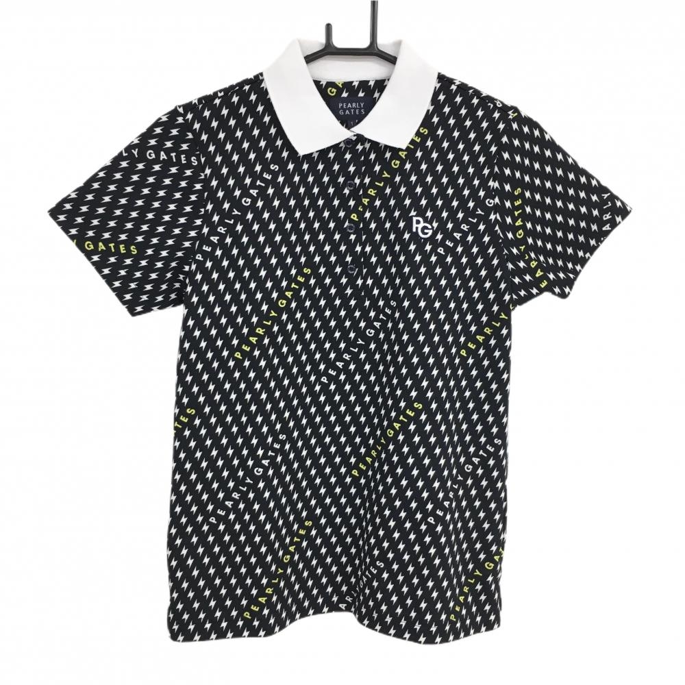 【超美品】パーリーゲイツ 半袖ポロシャツ ダークネイビー×白 イナズマ総柄 ロゴ  レディース 1(M) ゴルフウェア PEARLY GATES