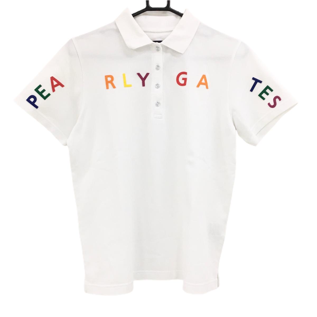 パーリーゲイツ 半袖ポロシャツ 白×マルチカラー フロントロゴ レディース 2(L) ゴルフウェア PEARLY GATES