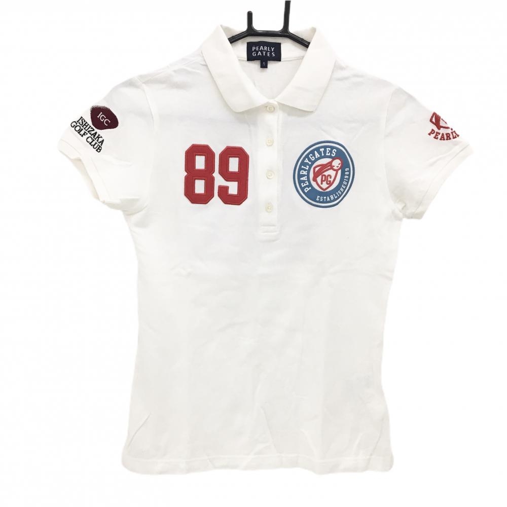パーリーゲイツ 半袖ポロシャツ 白 後ビッグプリント ISHIZAKA GOLF CLUB レディース 1(M) ゴルフウェア PEARLY GATES