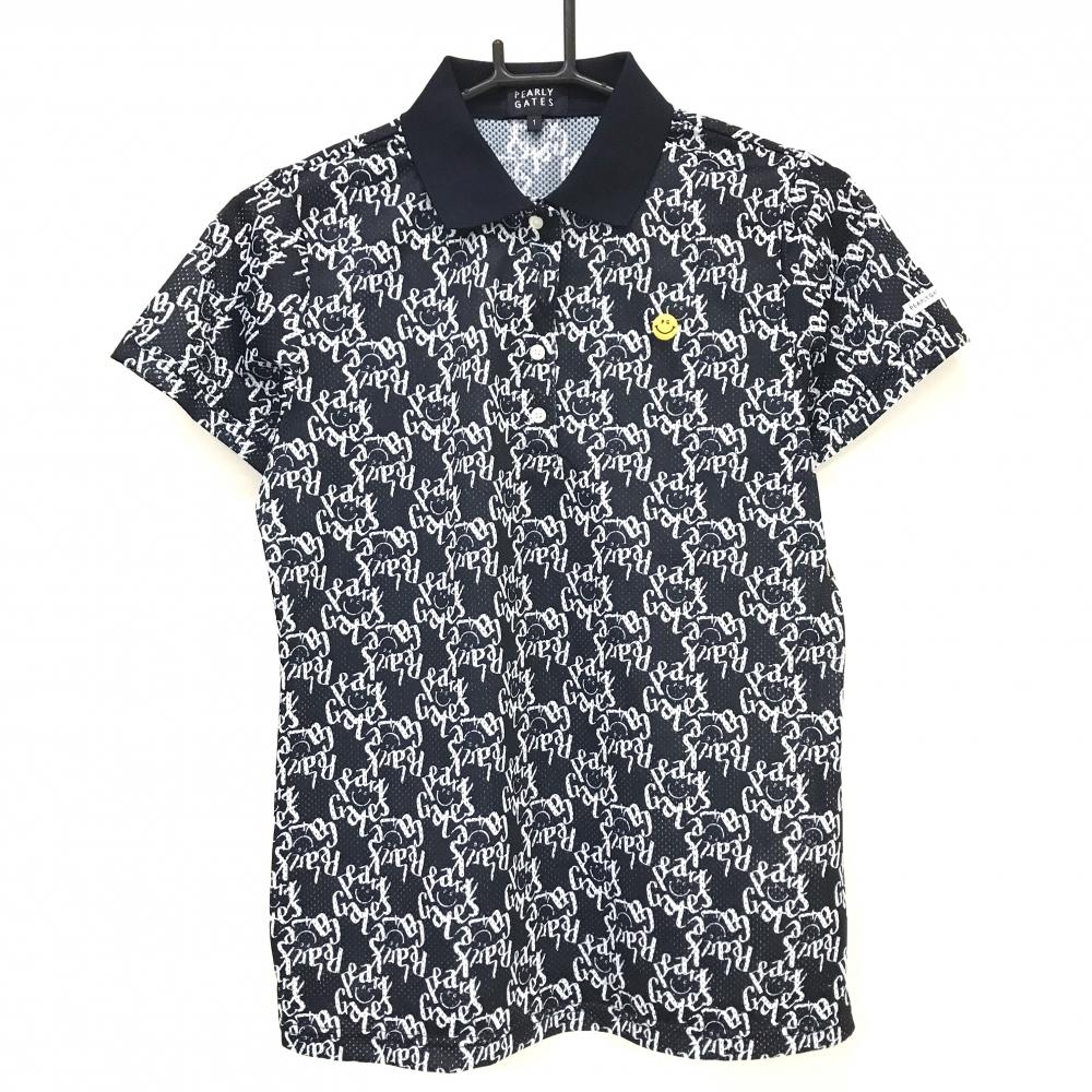 【超美品】パーリーゲイツ 半袖ポロシャツ ダークネイビー×白 ロゴ総柄 レディース 1(M) ゴルフウェア 2025年モデル PEARLY GATES