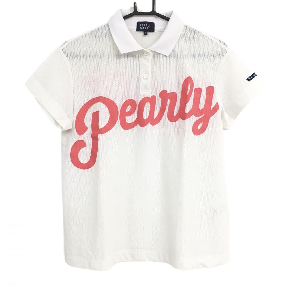 パーリーゲイツ 半袖ポロシャツ 白×ピンク 地模様 ビッグロゴ レディース 1(M) ゴルフウェア PEARLY GATES