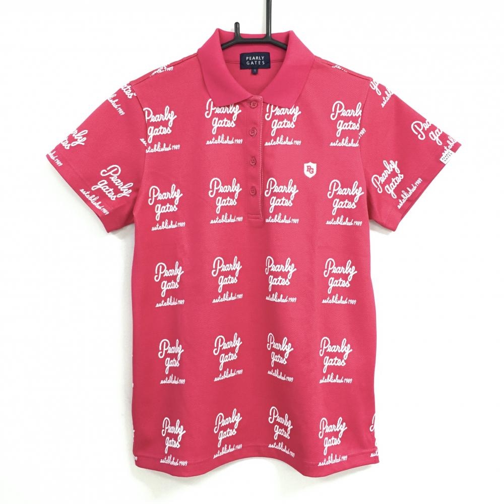 【超美品】パーリーゲイツ 半袖ポロシャツ ピンク×白 ロゴ総柄 レディース 1(M) ゴルフウェア 2023年モデル PEARLY GATES