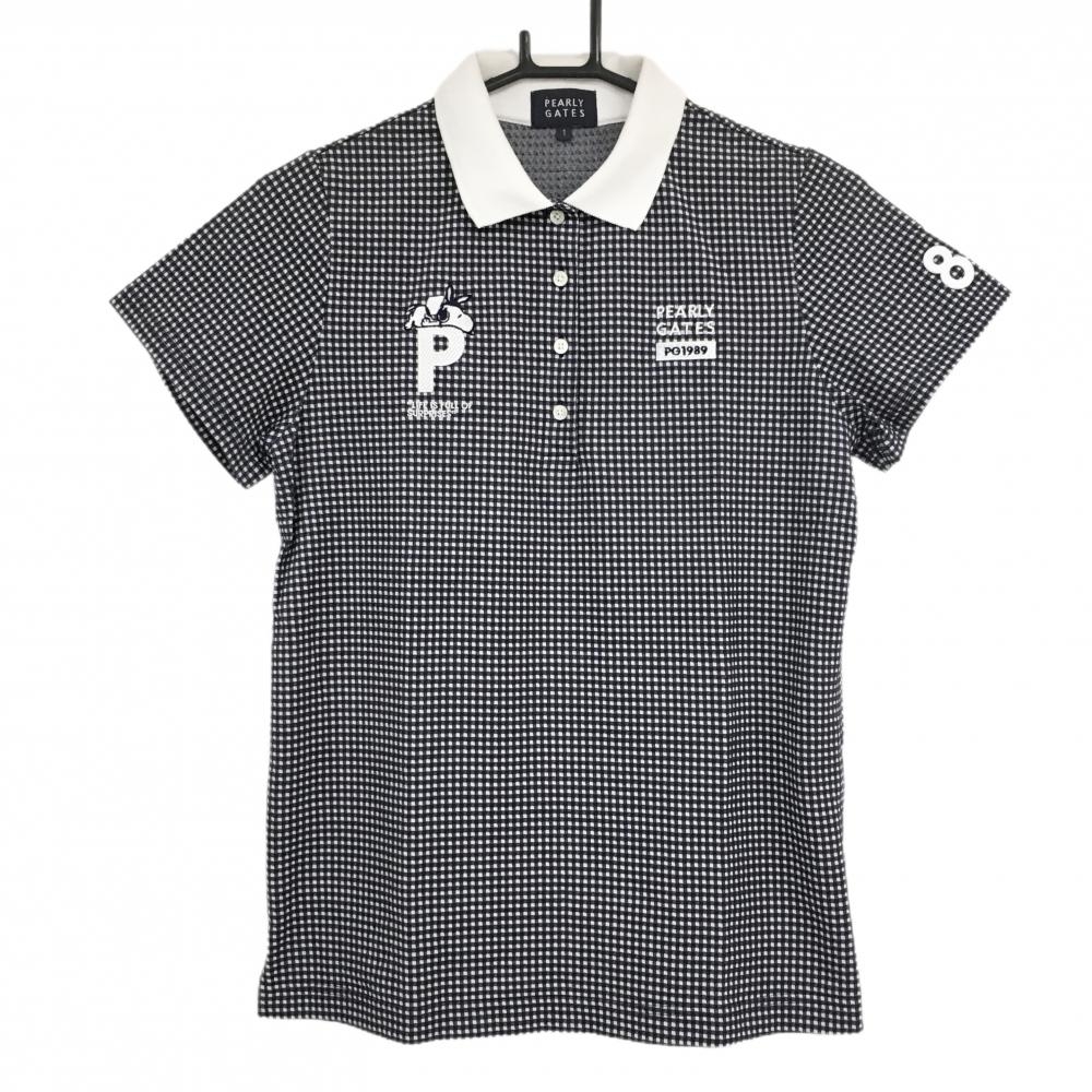 パーリーゲイツ×PEANUTS 半袖ポロシャツ 黒×白 チェック スヌーピー レディース 1(M) ゴルフウェア PEARLY GATES