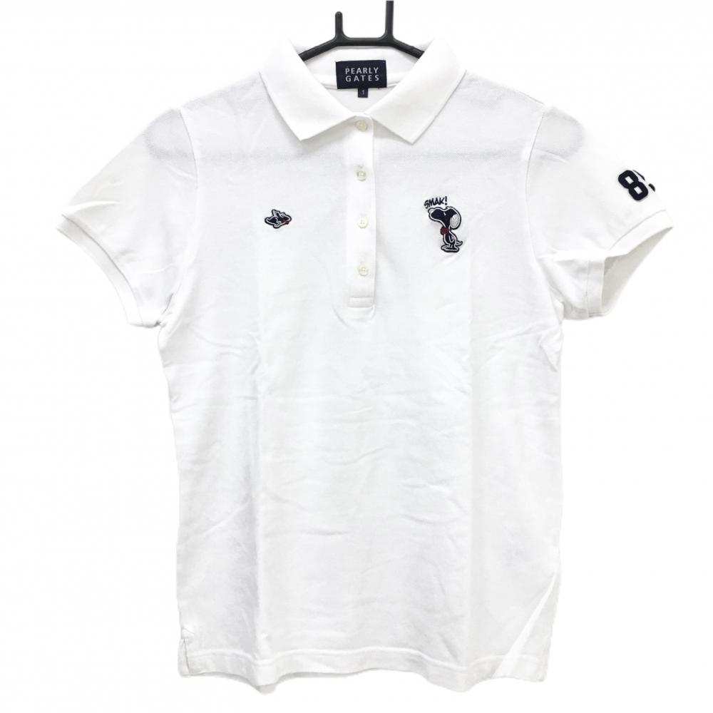 【美品】パーリーゲイツ×PEANUTS 半袖ポロシャツ 白×ネイビー スヌーピー刺しゅう レディース 1(M) ゴルフウェア PEARLY GATES