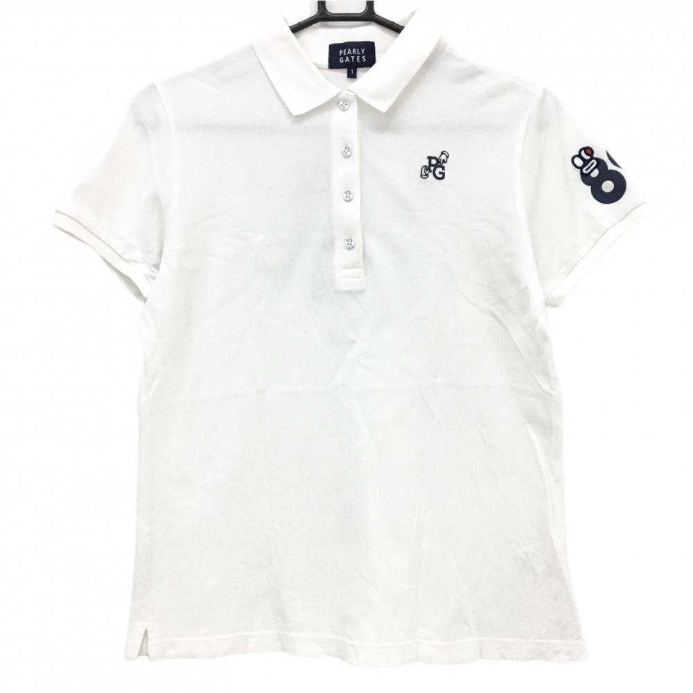 【美品】パーリーゲイツ 半袖ポロシャツ 白 ロゴネイビー バックプリント レディース 1(M) ゴルフウェア PEARLY GATES