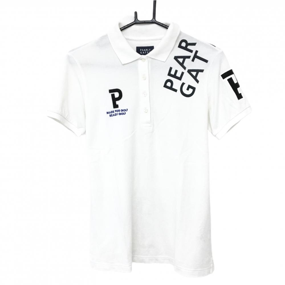 パーリーゲイツ 半袖ポロシャツ 白×黒 肩ロゴ フェルトワッペン  レディース 1(M) ゴルフウェア PEARLY GATES