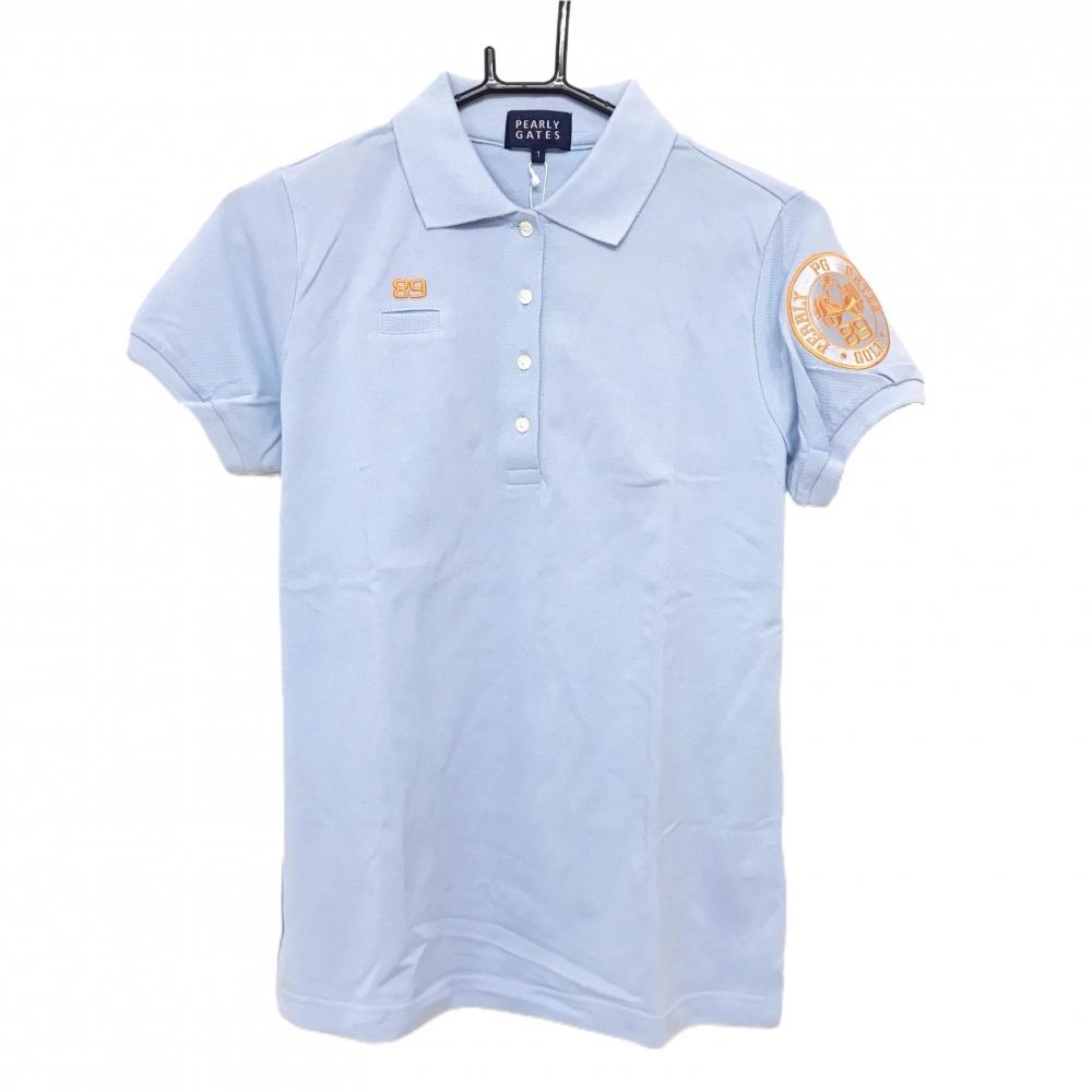 【新品】パーリーゲイツ 半袖ポロシャツ ライトブルー×オレンジ 袖ワッペン  レディース 1(M) ゴルフウェア PEARLY GATES
