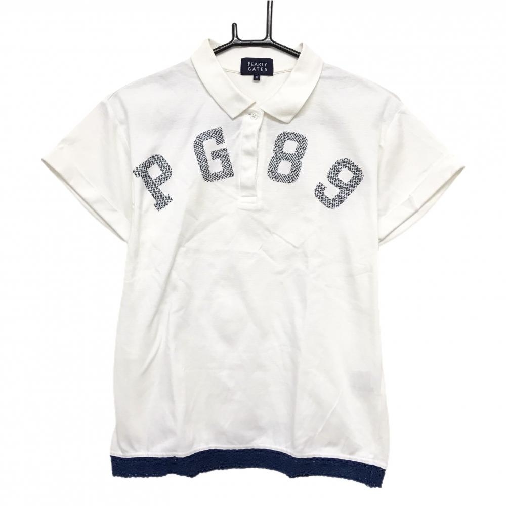 パーリーゲイツ 半袖ポロシャツ 白×ネイビー ロゴプリント  レディース 0(S) ゴルフウェア PEARLY GATES