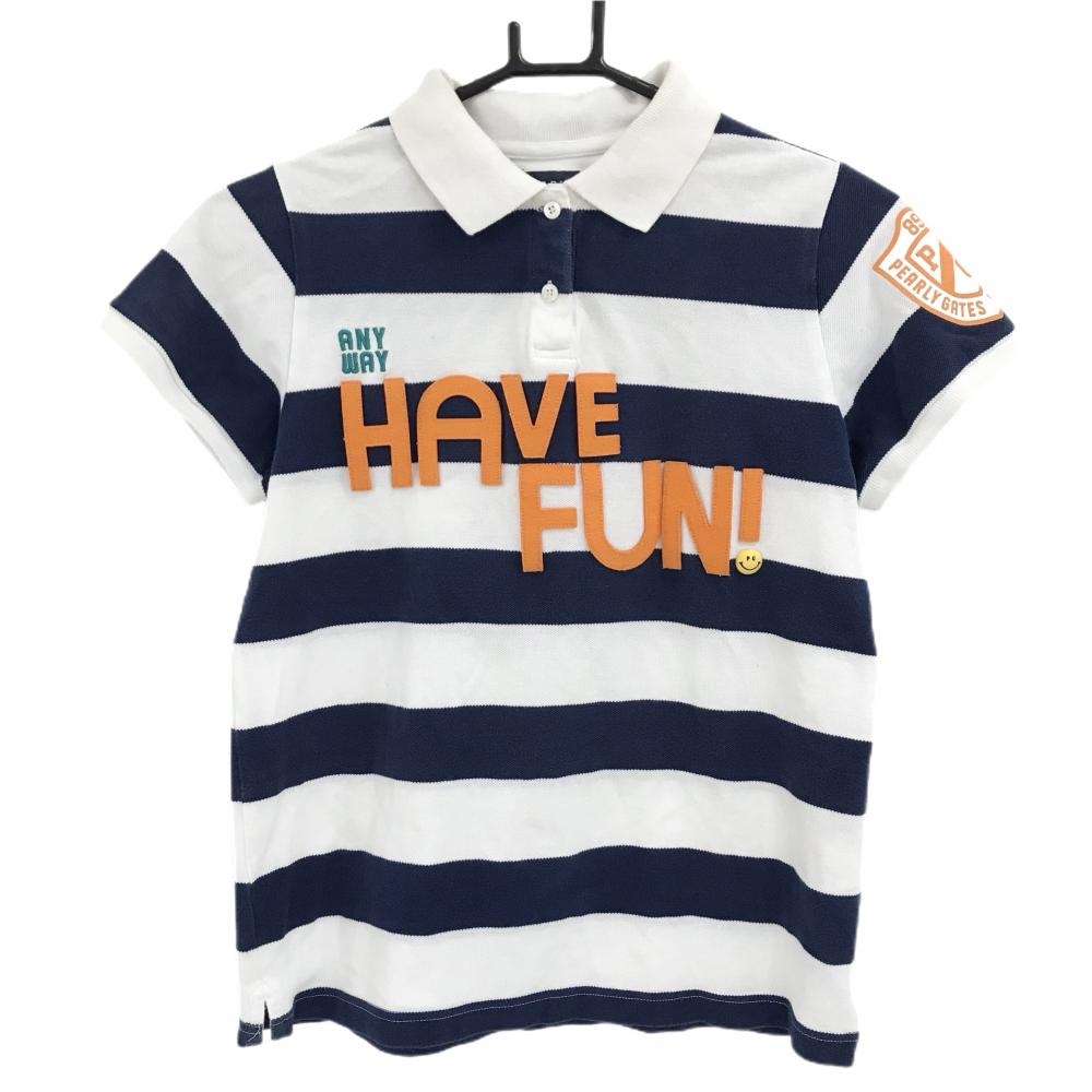 パーリーゲイツ 半袖ポロシャツ 白×ネイビー ボーダー ニコちゃん レディース 1(M) ゴルフウェア PEARLY GATES