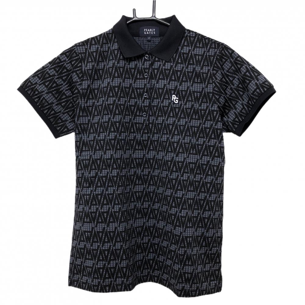 【超美品】パーリーゲイツ 半袖ポロシャツ グレー×黒×ネイビー 総柄 千鳥格子 レディース 2(L) ゴルフウェア 2024年モデル PEARLY GATES