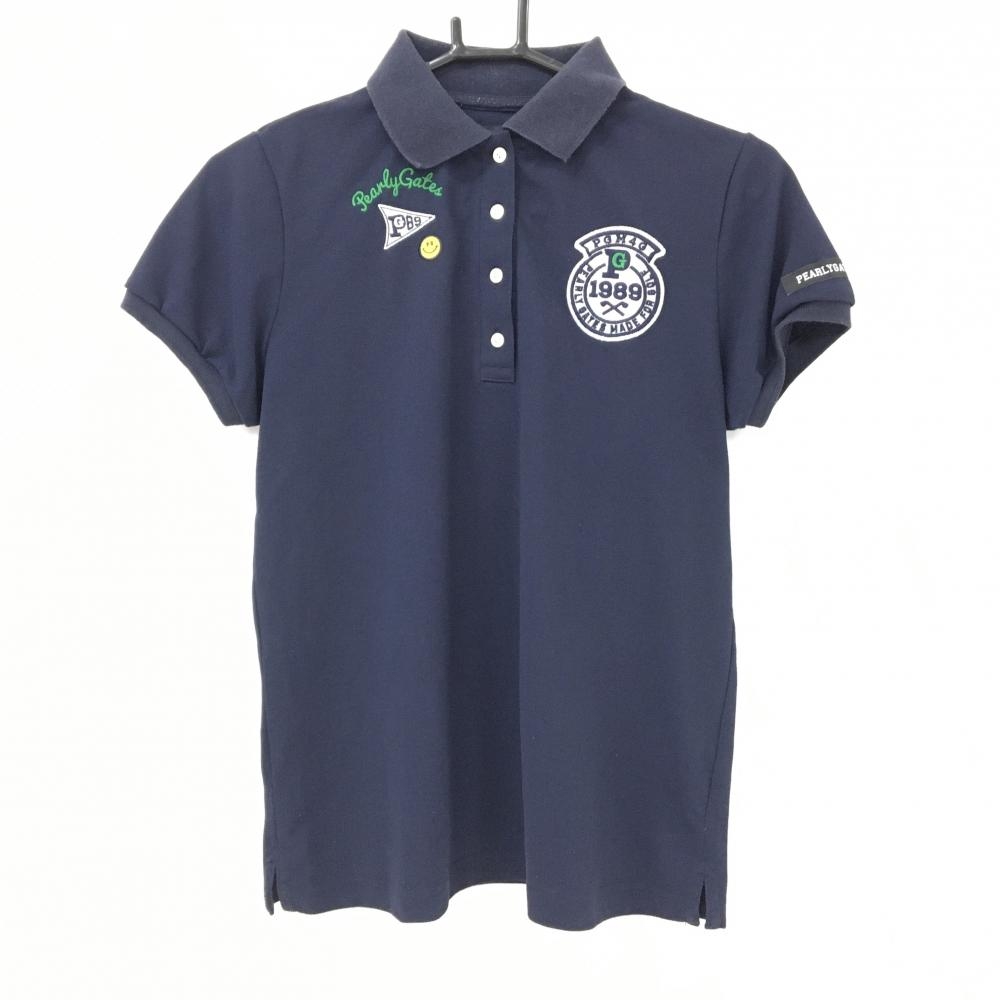 パーリーゲイツ 半袖ポロシャツ ネイビー×白 ワッペン ニコちゃん スマイル レディース 1(M) ゴルフウェア PEARLY GATES