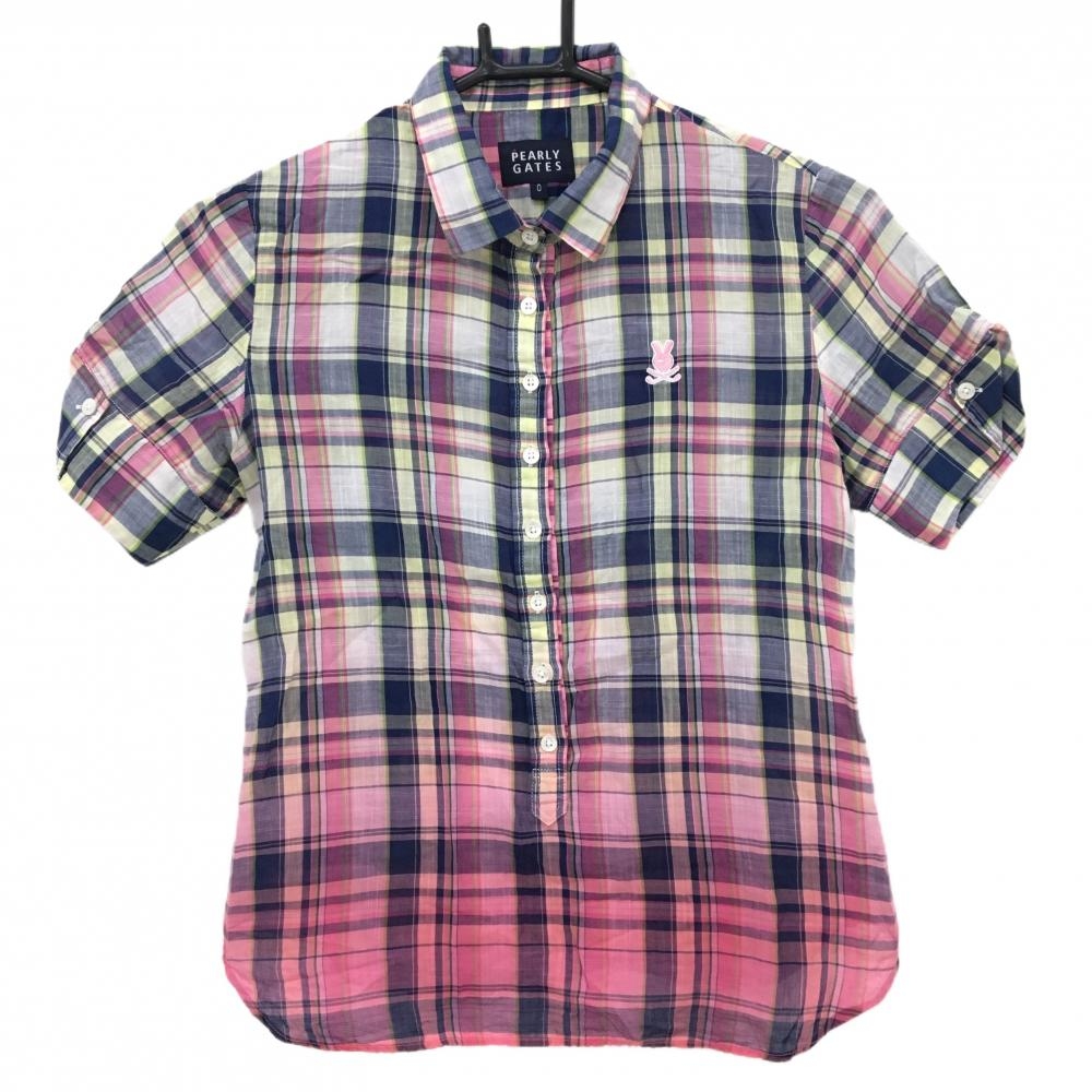 【美品】パーリーゲイツ 半袖ポロシャツ イエロー×ネイビー×ピンク チェック 薄手 レディース 0(S) ゴルフウェア PEARLY GATES