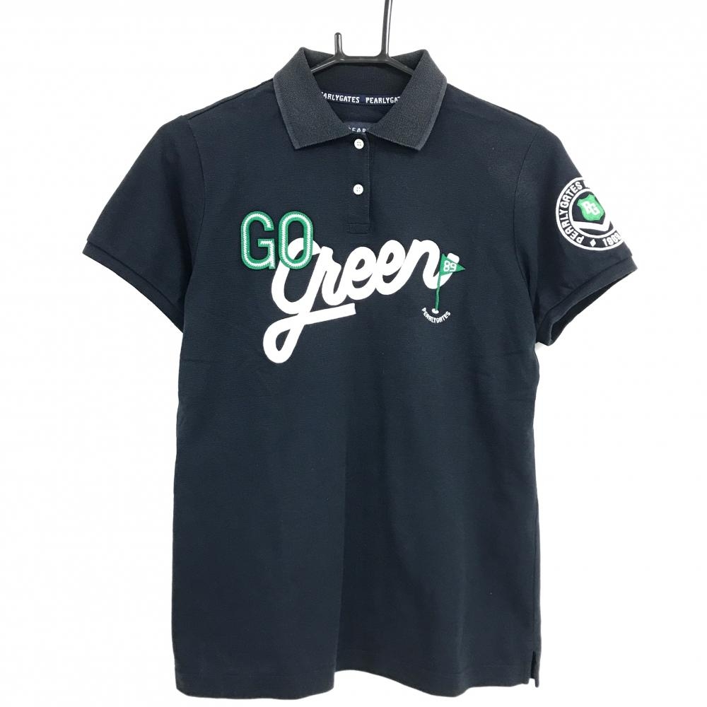 パーリーゲイツ 半袖ポロシャツ ネイビー×白 フロント英字 レディース 2(L) ゴルフウェア PEARLY GATES