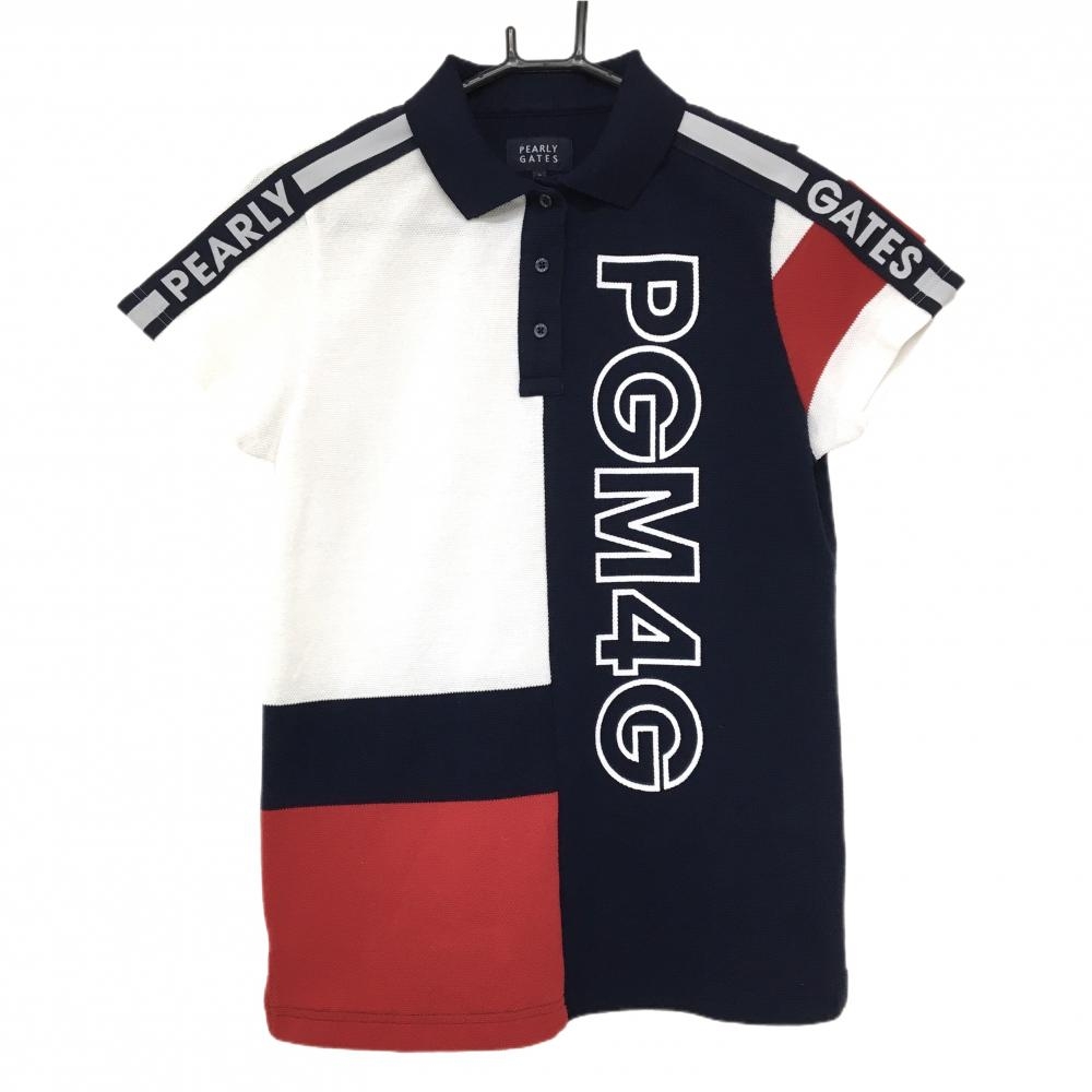 【超美品】パーリーゲイツ 半袖ポロシャツ ネイビー×白×レッド ビッグロゴ  レディース 2(L) ゴルフウェア PEARLY GATES