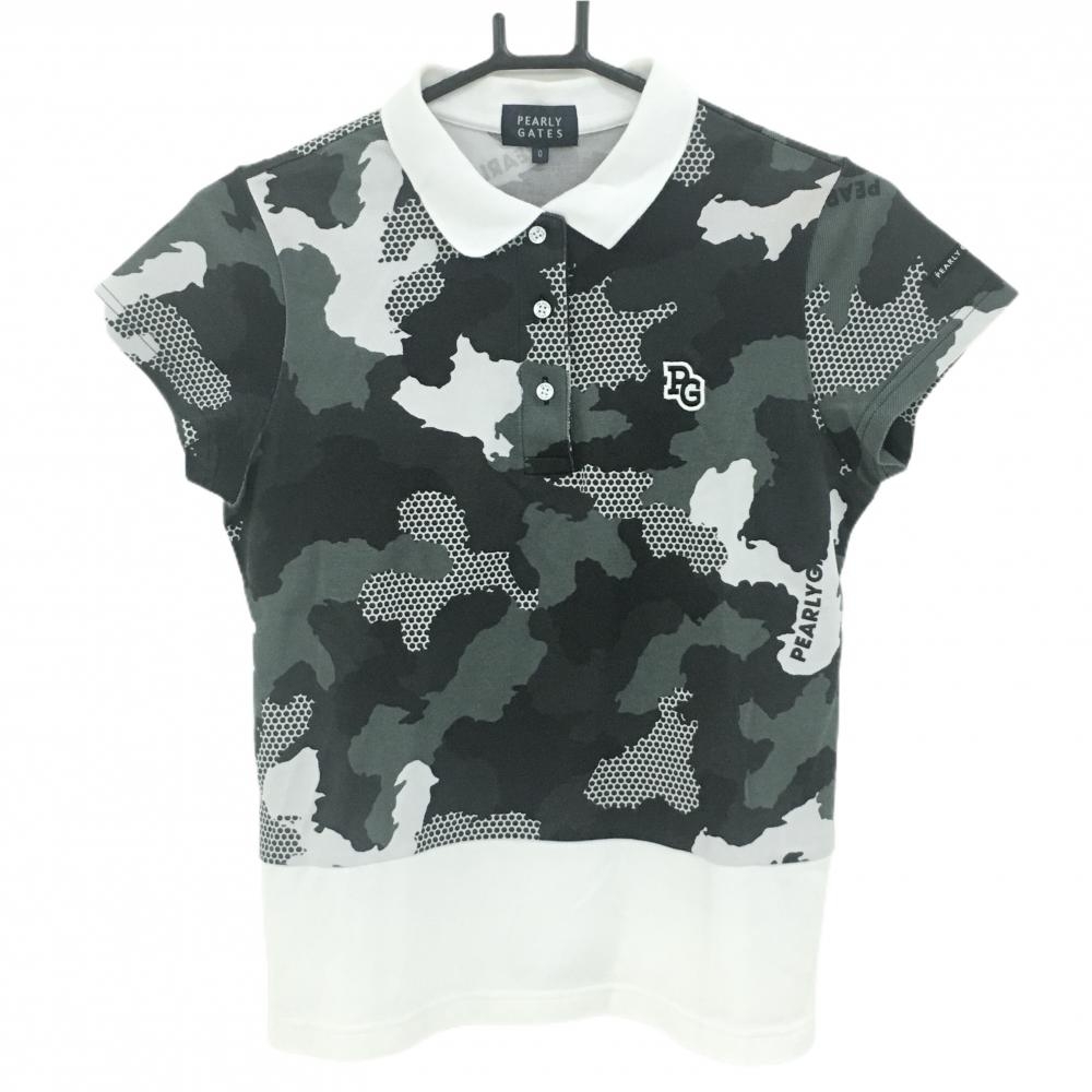 パーリーゲイツ 半袖ポロシャツ カーキ×黒×白 カモフラ 迷彩 レディース 0(S) ゴルフウェア PEARLY GATES