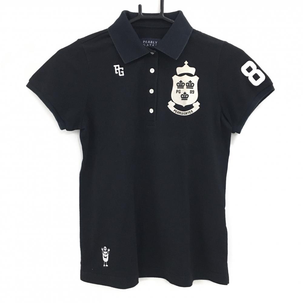 パーリーゲイツ 半袖ポロシャツ 黒 フロッキーロゴ レディース 0(S) ゴルフウェア PEARLY GATES