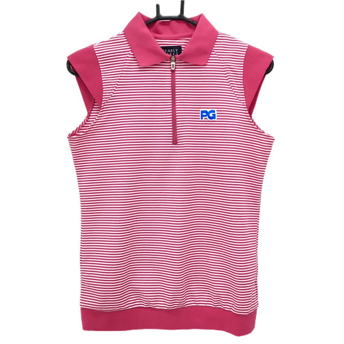 【美品】パーリーゲイツ 半袖ポロシャツ ピンク×白 身頃ボーダー キャップスリーブ レディース 1(M) ゴルフウェア PEARLY GATES