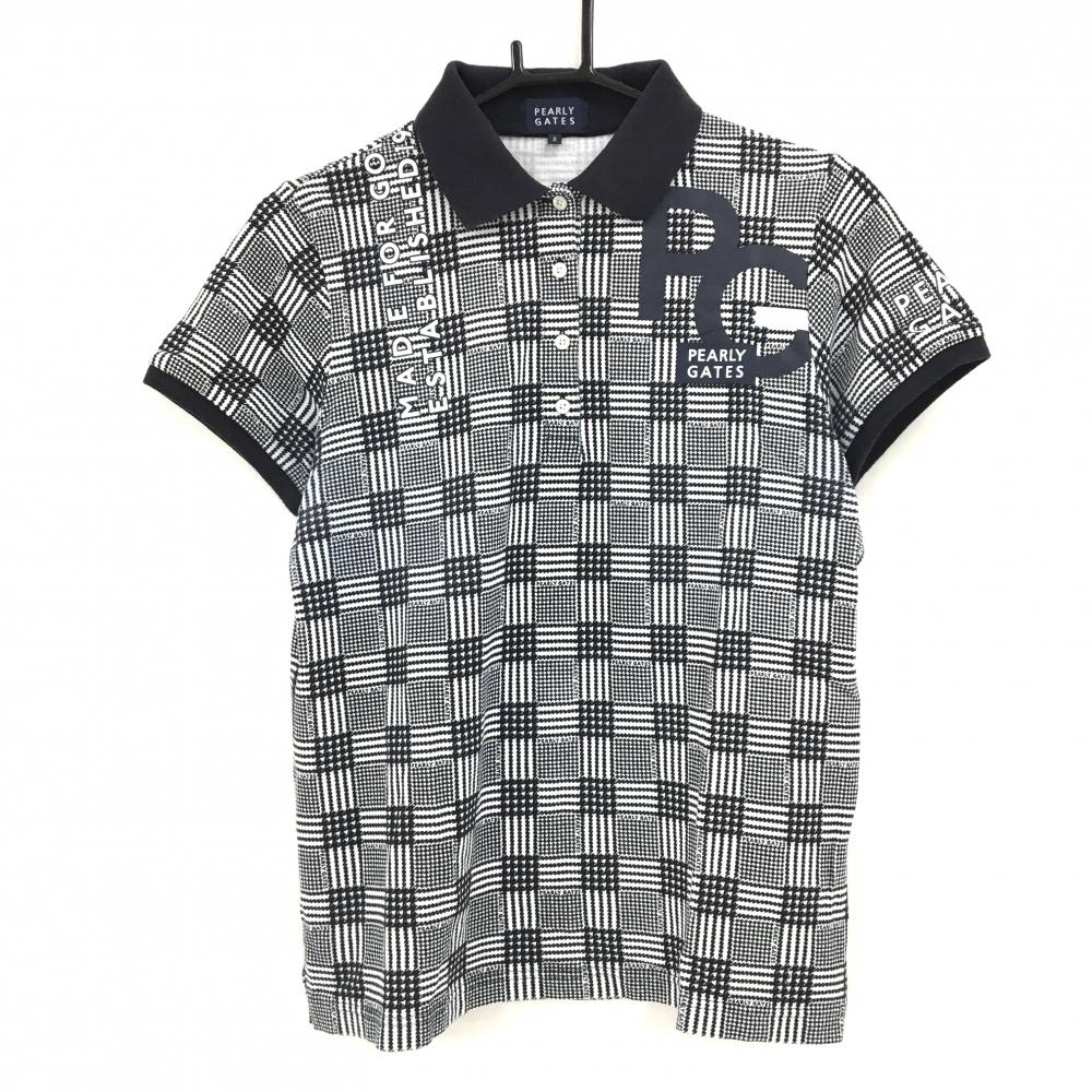 パーリーゲイツ 半袖ポロシャツ 白×ネイビー チェック ロゴ  レディース 2(L) ゴルフウェア PEARLY GATES