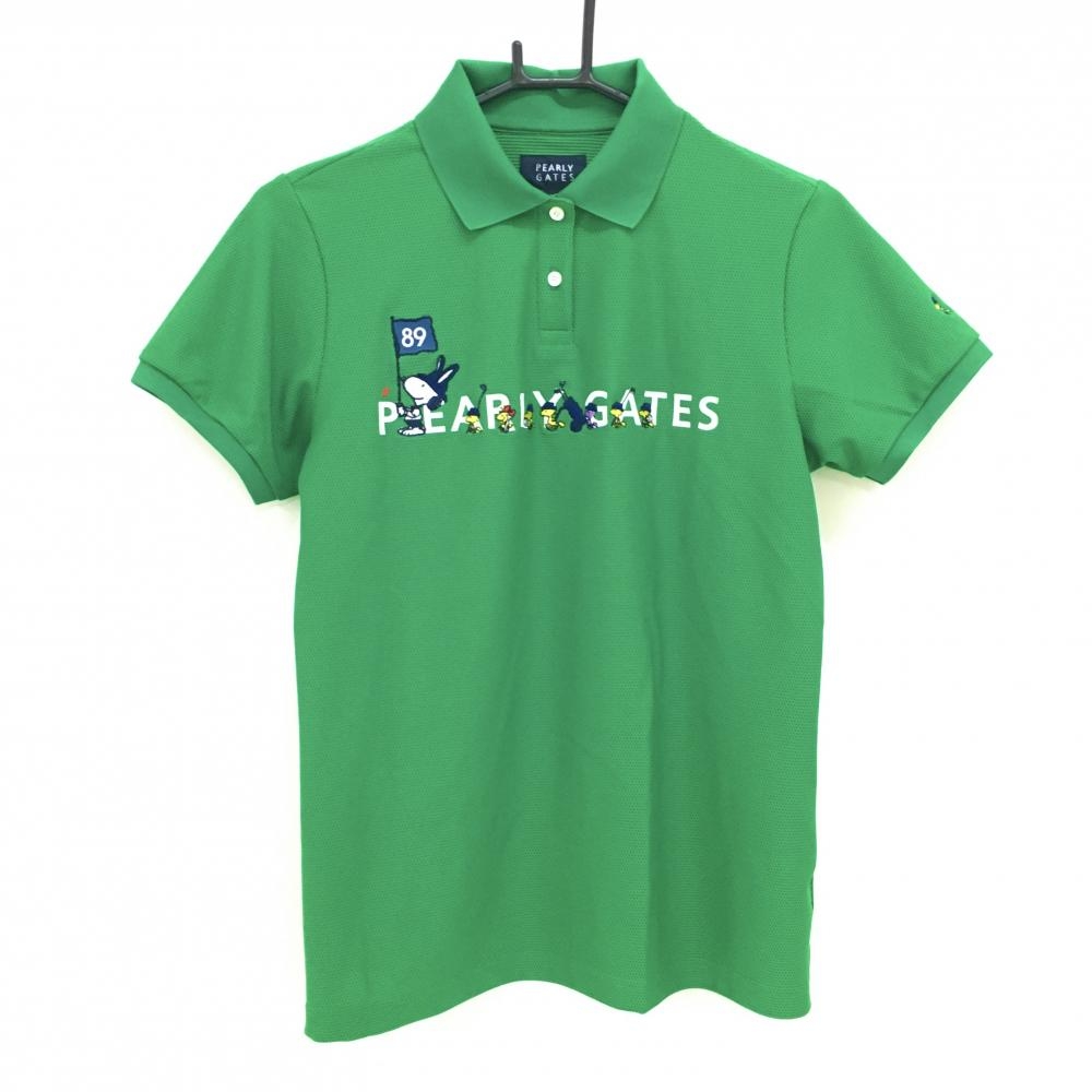 【美品】パーリーゲイツ×PEANUTS 半袖ポロシャツ グリーン×白×ネイビー  レディース 2(L) ゴルフウェア 2024年モデル PEARLY GATES