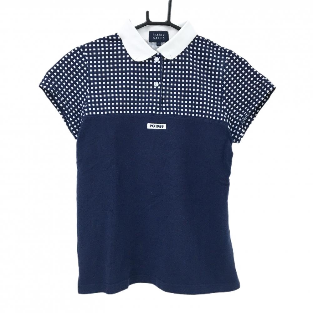 【美品】パーリーゲイツ 半袖ポロシャツ ネイビー×白 胸上スクエア柄 バックロゴ レディース 1(M) ゴルフウェア PEARLY GATES