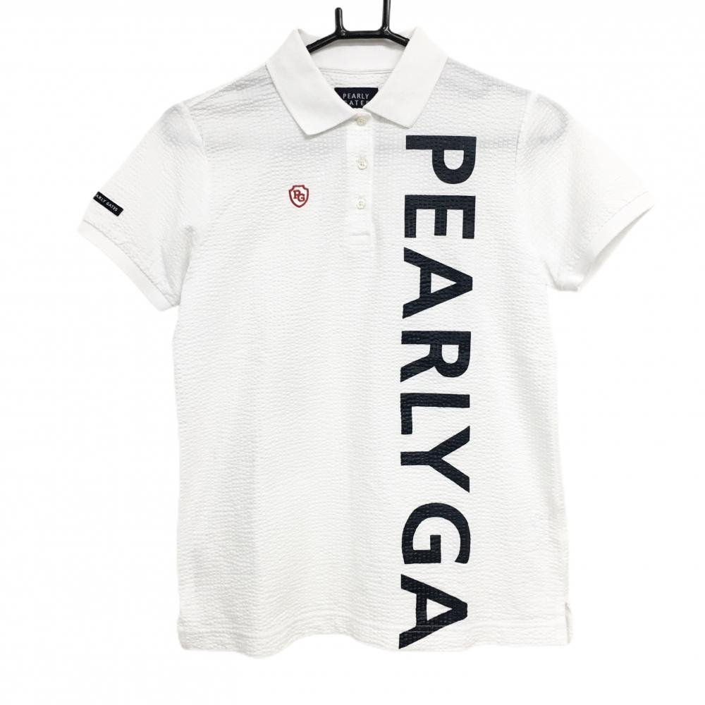 【美品】パーリーゲイツ 半袖ポロシャツ 白×ダークネイビー サッカー生地 ビッグロゴ レディース 1(M) ゴルフウェア PEARLY GATES