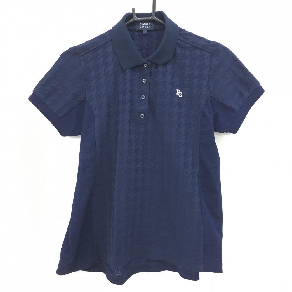 【美品】パーリーゲイツ 半袖ポロシャツ ネイビー 一部千鳥格子織生地 サイドメッシュ レディース 1(M) ゴルフウェア PEARLY GATES
