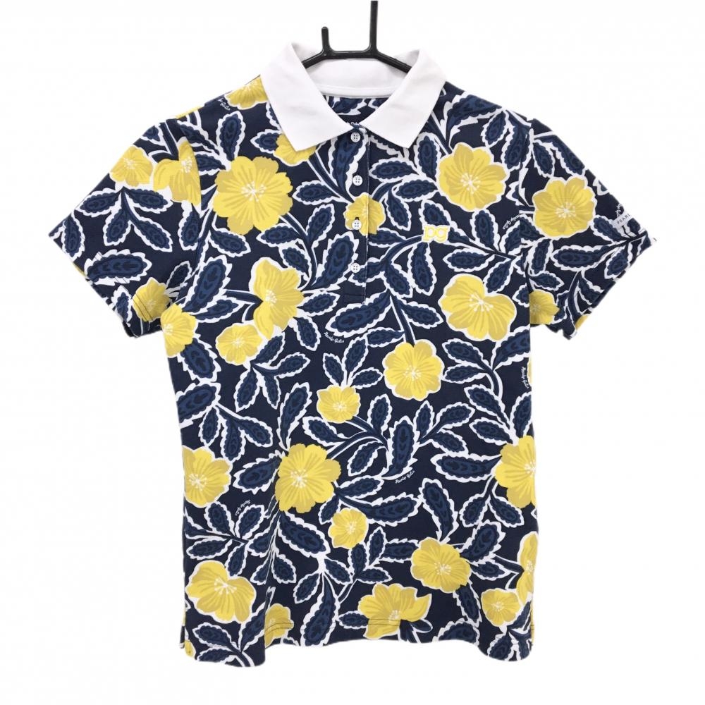 【超美品】パーリーゲイツ 半袖ポロシャツ ネイビー×イエロー 花柄  レディース 1(M) ゴルフウェア PEARLY GATES