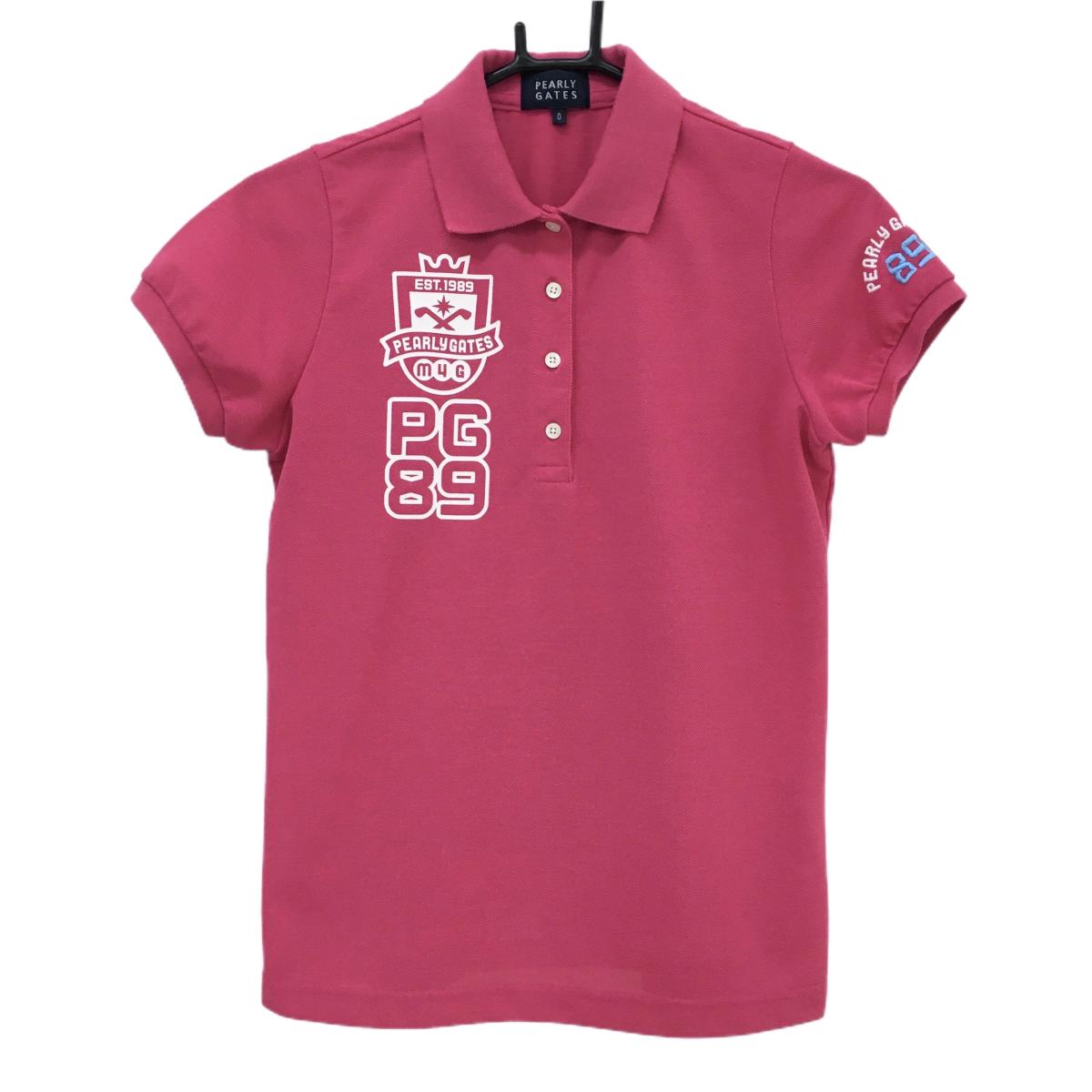 【超美品】パーリーゲイツ 半袖ポロシャツ ピンク×白 バックロゴ 襟裏プリント レディース 0(S) ゴルフウェア PEARLY GATES