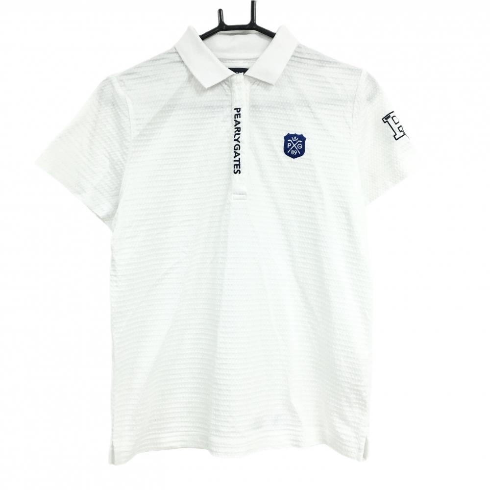 【美品】パーリーゲイツ 半袖ポロシャツ 白×ネイビー 前立てロゴ刺しゅう 織生地 レディース 2(L) ゴルフウェア PEARLY GATES